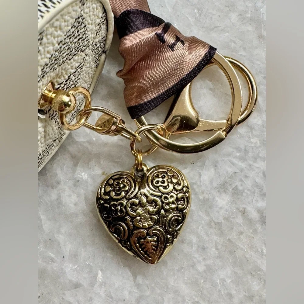 New White Geometric Print Mini Bag Purse Charm Keychain w/ Scarf & Vintage Heart